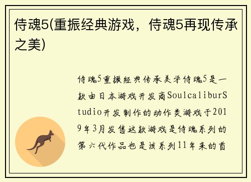 侍魂5(重振经典游戏，侍魂5再现传承之美)