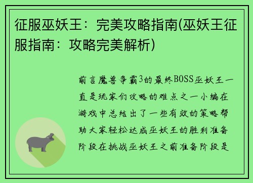 征服巫妖王：完美攻略指南(巫妖王征服指南：攻略完美解析)